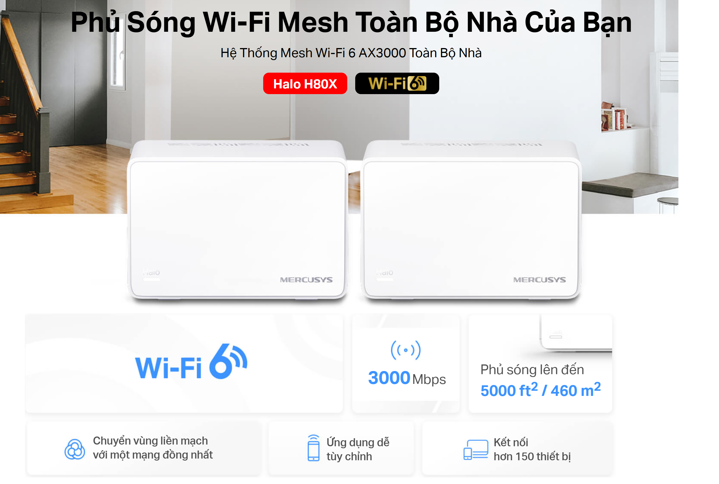 Hệ Thống Wi‑Fi 6 Mercusys Halo H80X Mesh AX3000 (2-Pack) Hệ Thống Wi‑Fi 6 Mercusys Halo H80X Mesh AX3000 (2-Pack)