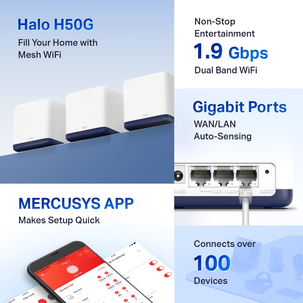 Hệ thống Mesh Wi-Fi 5 AC1900 Mercusys Halo H50G (3-Pack)_LNTEK