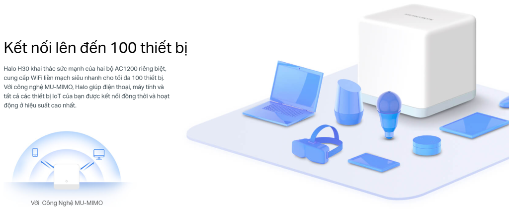 Thiết bị wifi Mesh Wi‑Fi 5 AC1200 Toàn Bộ Nhà Mercusys Halo H30.