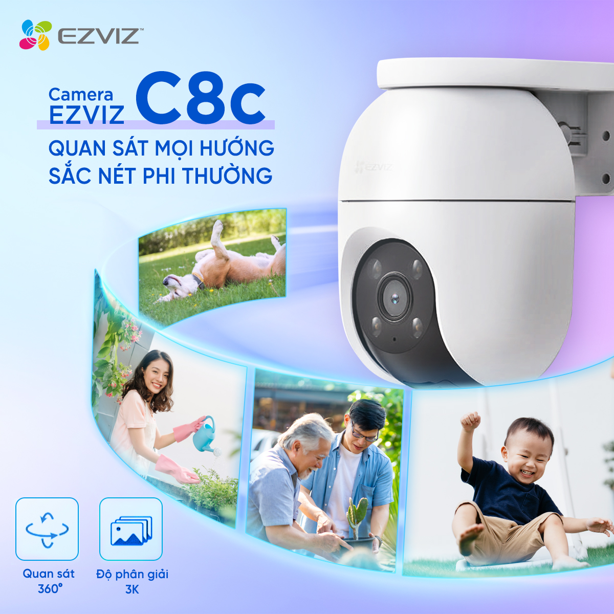 Camera wifi ngoài trời 360 độ Ezviz C8C 3K 5MP, hồng ngoại 30m, cảnh báo chủ động đèn chớp và còi, phát hiện người và xe_LNTEK