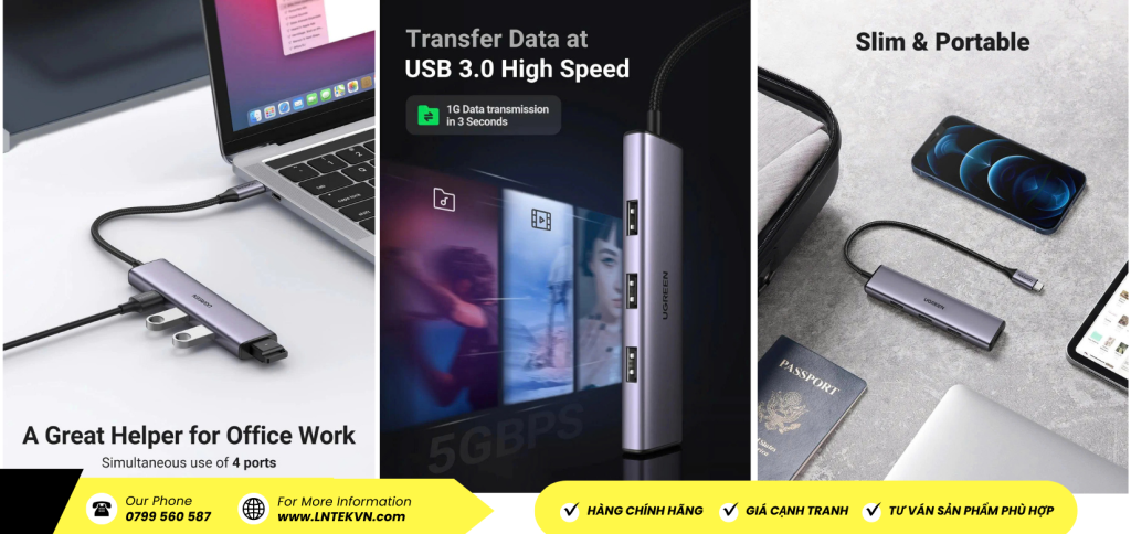 Bộ chia Hub USB-C ra 4 cổng USB 3.0 màu đen Ugreen (20841) chinh hang_LNTEK TECHNOLOGY.