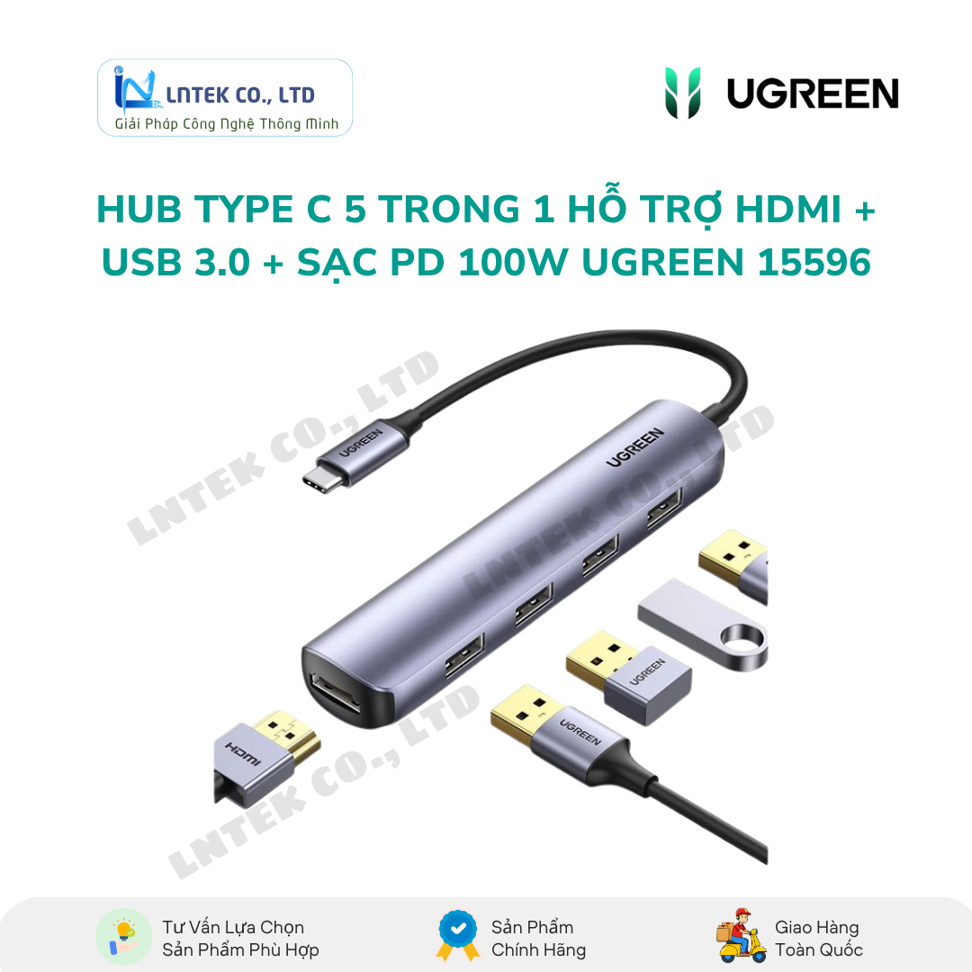 Hub Type-C Ugreen 15596 100W PD, HDMI 4K@30Hz_LNTEK CO., LTD