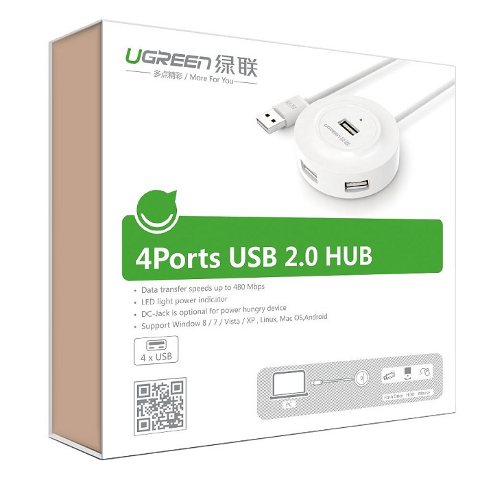 Hub USB 2.0 4 Cổng Ugreen 20270 Dài 1M Màu Trắng_LNTEK