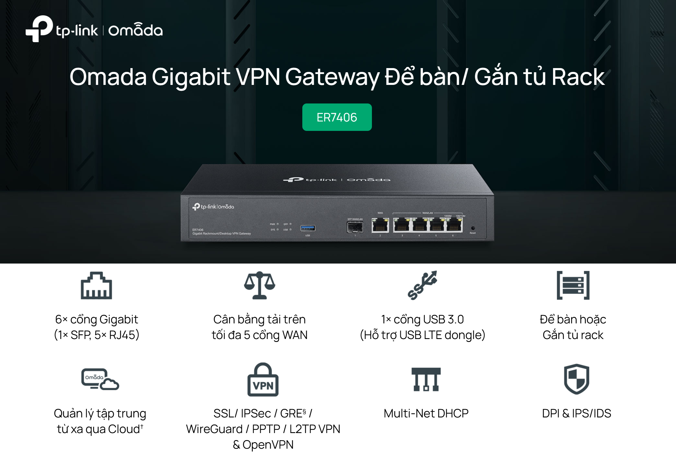 Router TP-Link ER7406 Omada Gigabit VPN Gateway chinh hang_LNTEK