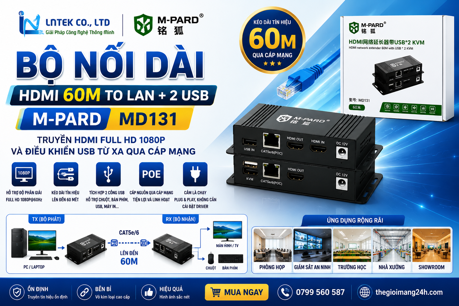 Bộ Nối Dài HDMI 60m to LAN + 2 USB M-PARD MD131.